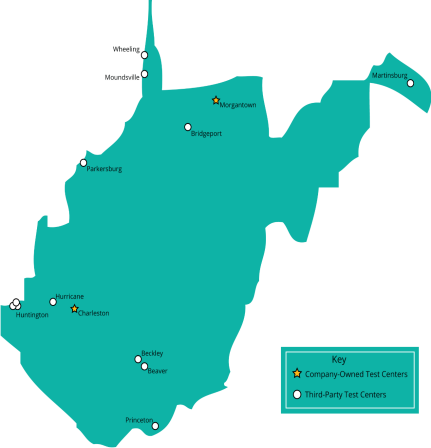 Map of In-State Testing Locations. Third-Party Test Centers include Wheeling, Moundsville, Martinsburg, Bridgeport, Parkersburg, Hurricane, Huntington, Beckley, Beaver, and Princeton. Company-Owned Test Centers include Morgantown and Charleston.
